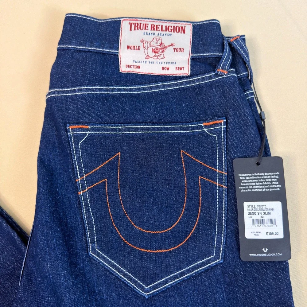 True Religion Geno Slim Jeans Mens 33 Blue Dark Migration Wash NWT Streetwear
